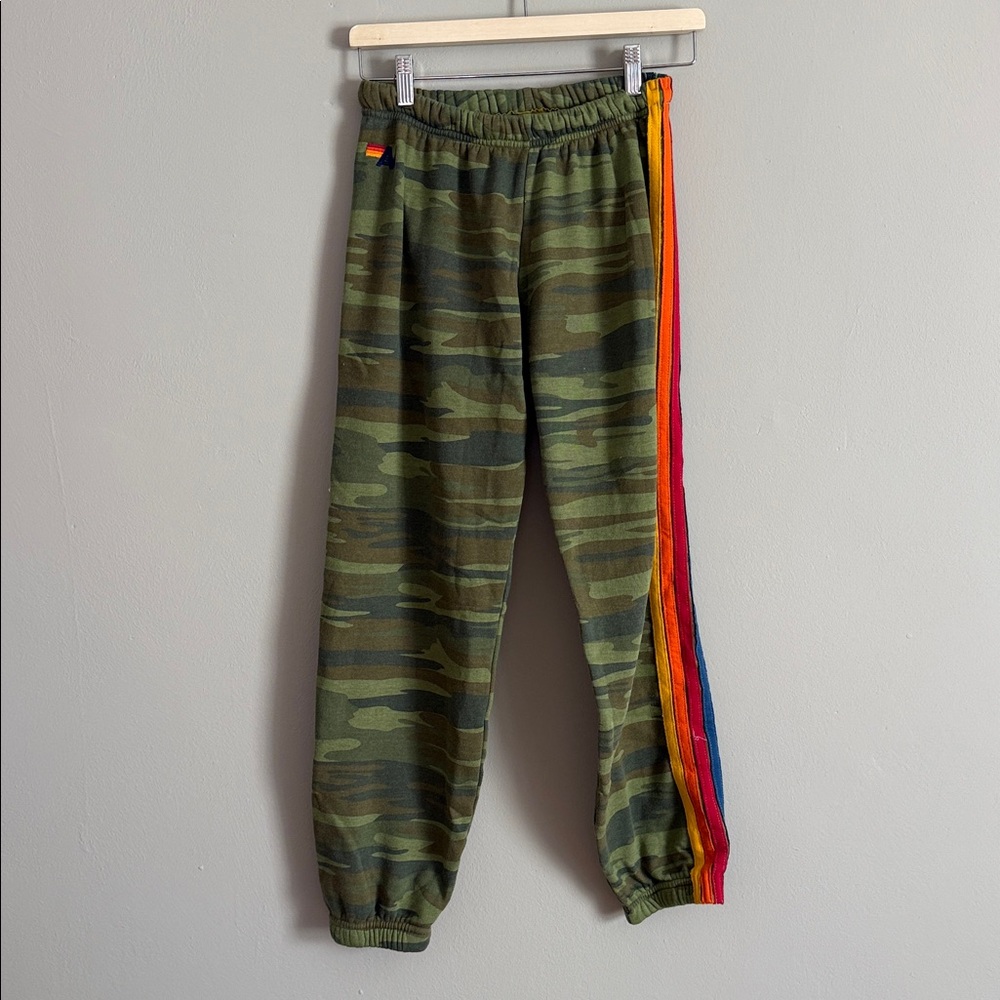 Aviator Nation Camouflage Pants with Rainbow Stripe